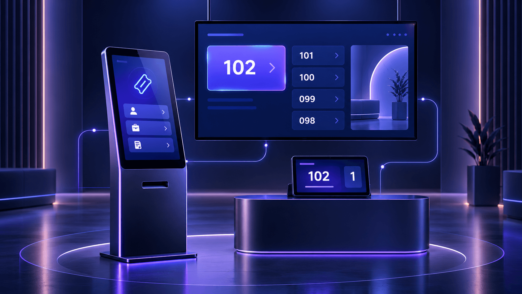 Concept visualization of a digital queue management kiosk in a service environment
